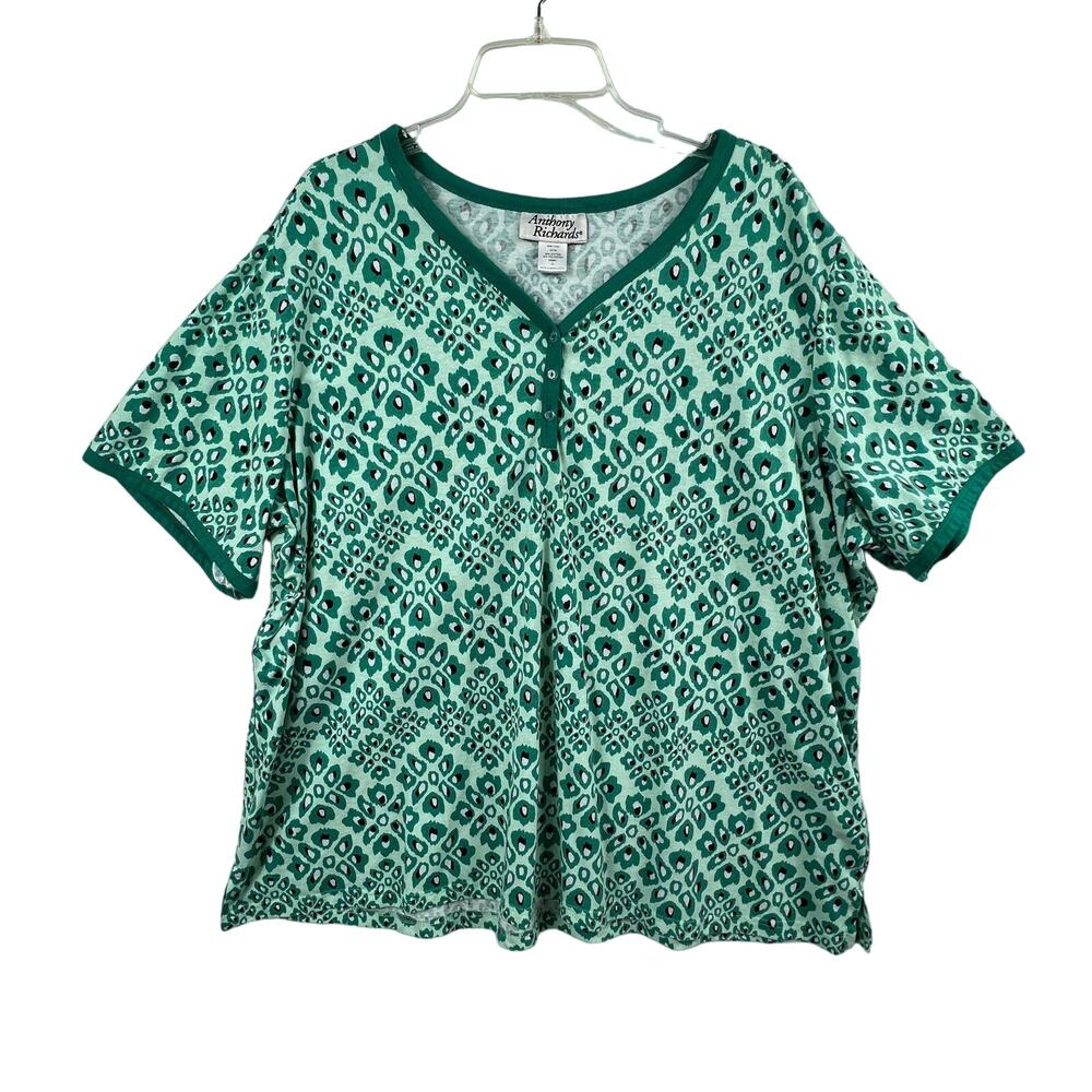 ANTHONY RICHARDS Blouse Womens 4X Green Geometric Short Sleeve Casual